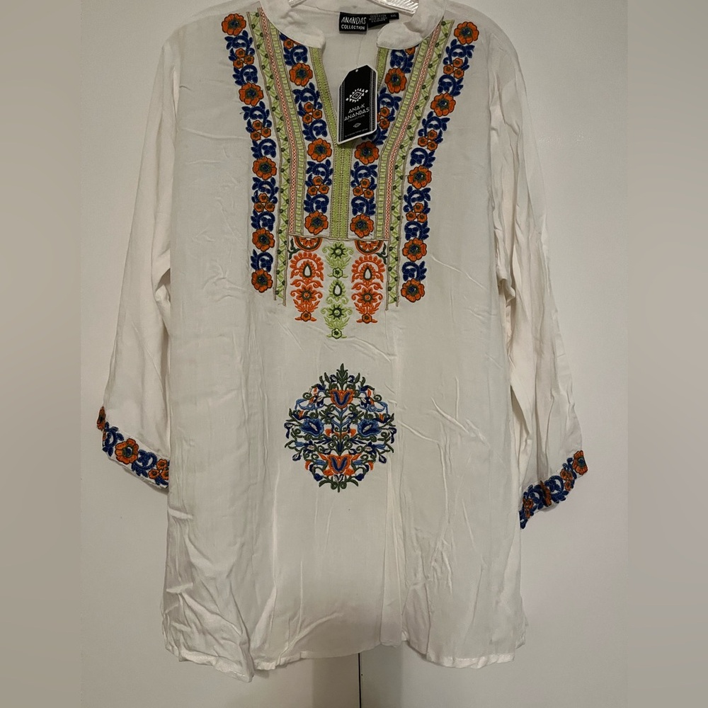 Ananda Design White Top with Colorful Embroidery